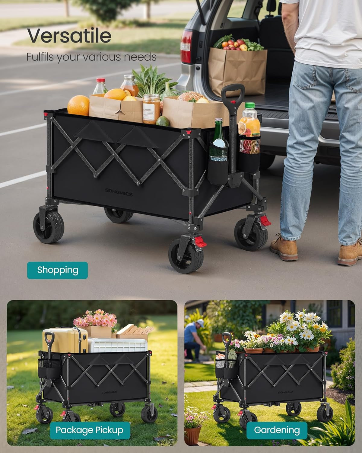 40-Gallon Collaspible Wagon, Wagons Carts Foldable, for Camping Garden Outdoor, with Handle, Holds up to 330 Lb, 4 Removable Wheels, Space-Saving, Ink Black UGFW115B01