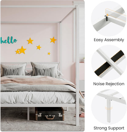 Canopy Bed Frame Full Size/Mattress Foundation with Metal Slats Support/No Box Spring Needed/Easy Assembly/White