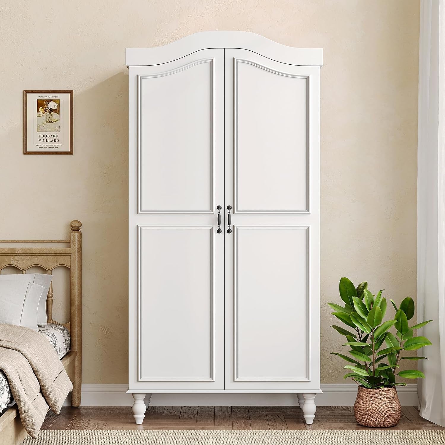 Arched Armoire Wardrobe Closet with 2 Doors, 71" H Wooden Wardrobe Cabinet with Hanging Rod and Shelves, Freestanding Armoire Storage Cabinet for Bedroom, Cloak Room, White
