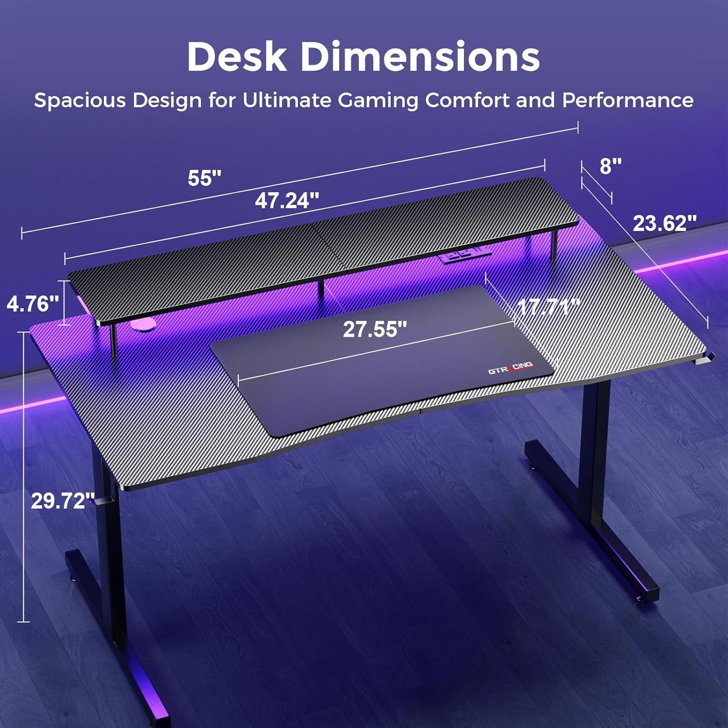 Gaming Desk with LED Lights, 55 Inch Large Computer Gamer Desk with Monitor Stand & Power Outlet, Ergonomic Carbon Fiber Surface Gaming Table with Mouse Pad for Home Office, Carbon Black