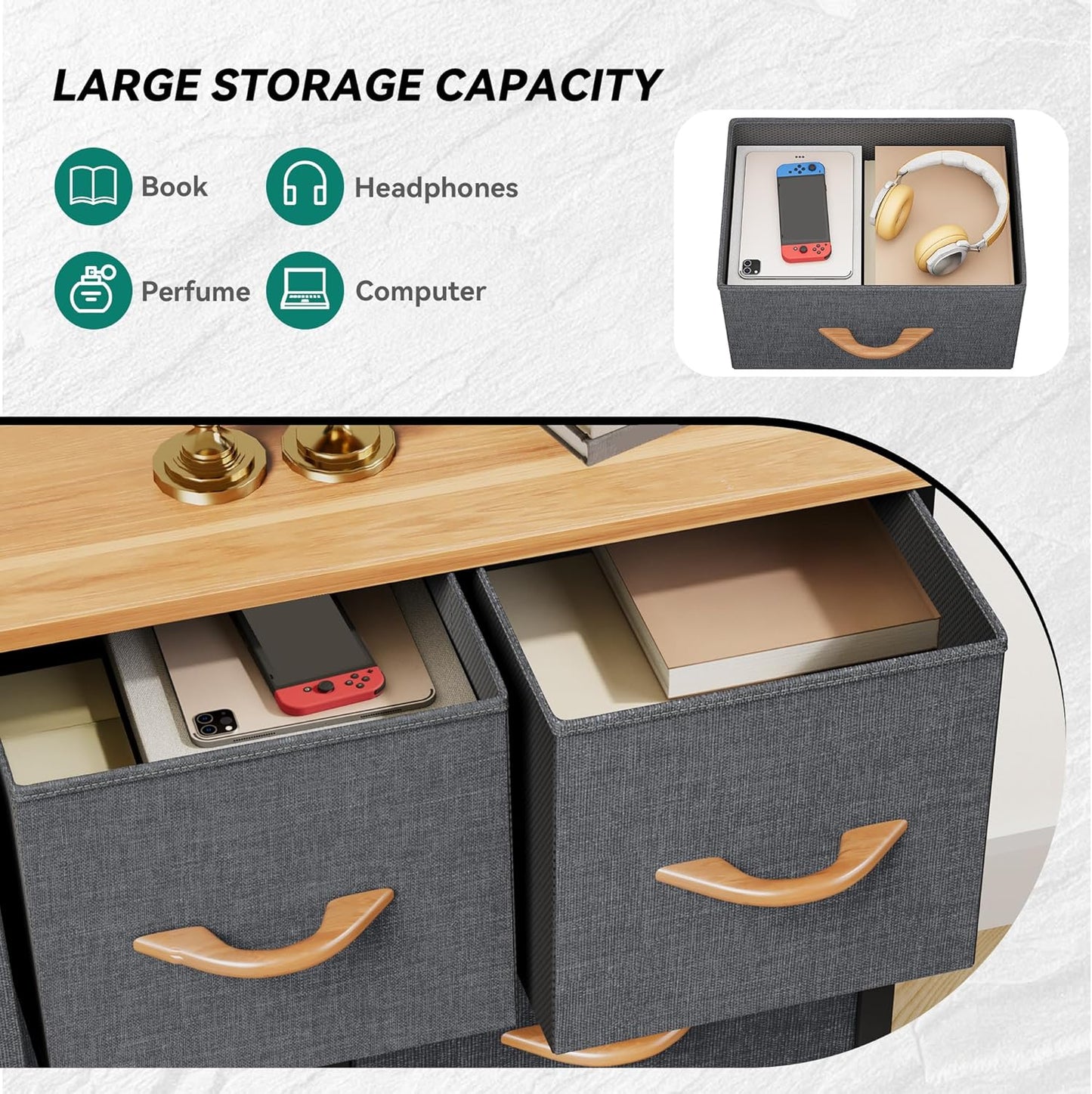 Dresser for Bedroom with 9 Drawers, Fabric Storage Dresser, Closet & Chest of Drawers for Living Room, Closets - Sturdy Steel Frame, Wooden Top & Easy Pull Fabric Bins(Dark Grey)