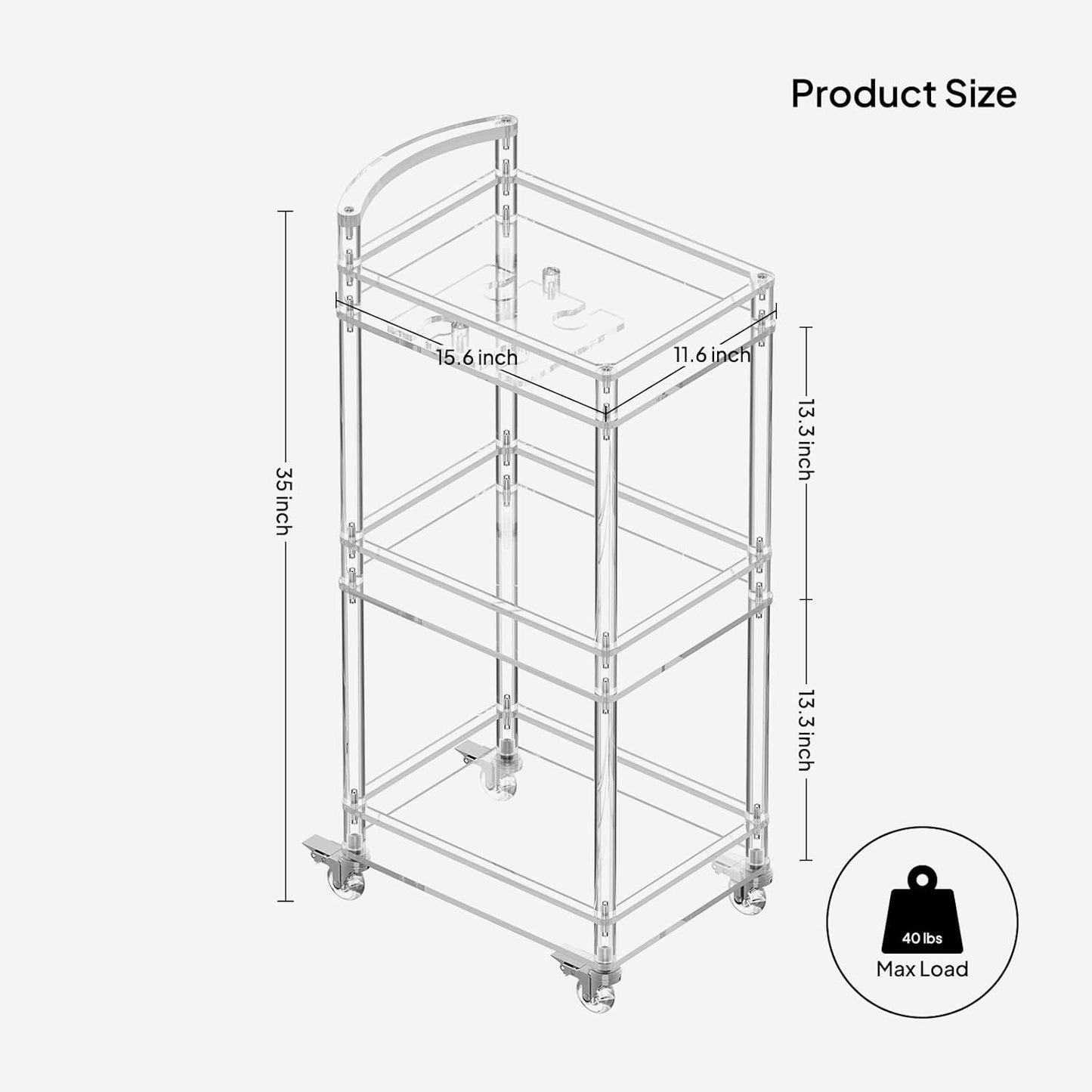 Small Acrylic Bar Cart - 3 Tier Home Bar Cart Rolling Serving Cart with 4 Lockable Wheels, Glass Holders, Handle, for Living Room, Kitchen, Bedroom, Bar, 15.6" L X 11.6" W X 35" H