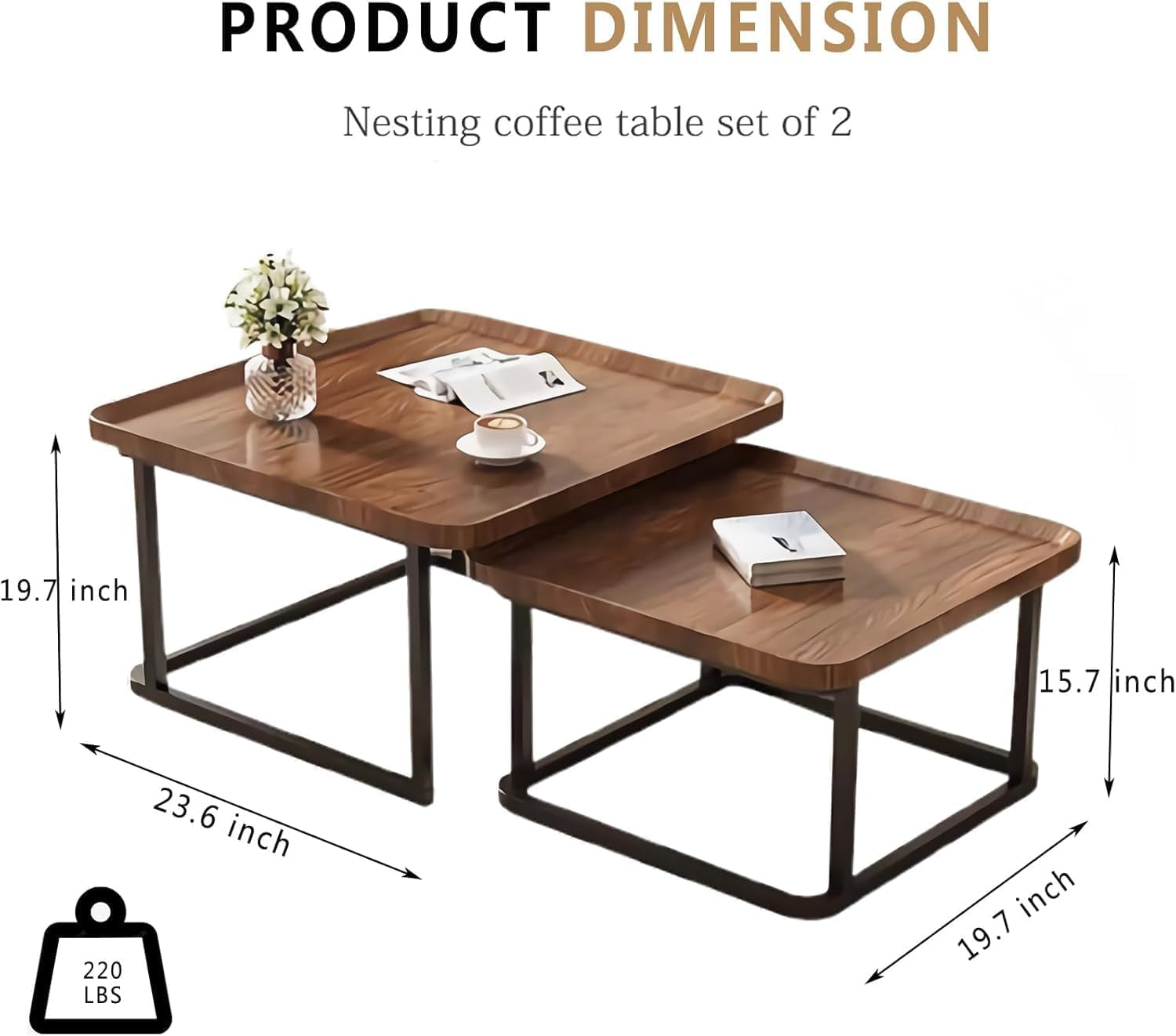 Square Nesting Coffee Table Set of 2, 23.6"+19.7" Nesting Tables,Small Square Coffee Table with Fluted,Center Table for Living Room Bedroom Office Balcony Yard (Walnut)