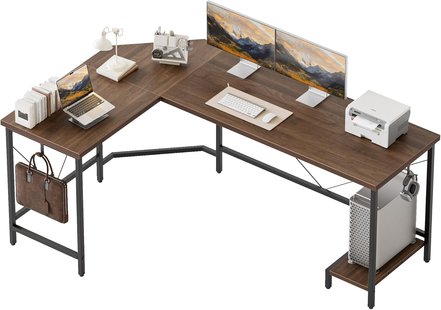 50 Inch Large L Shaped Desk, Simple Corner Gaming Desk with CPU Stand & Hooks, Computer Desk for Home, Bedroom & Office Workspace, Walnut