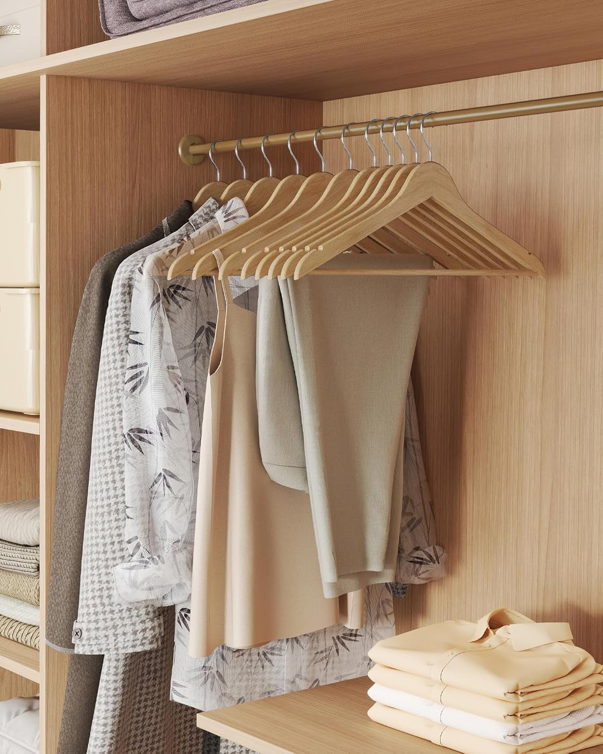 Wooden Hangers, Pack of 30, Coat Hangers, Pants Bar, 360° Swivel Hooks, Solid Birch Wood, Space Saving, for Jackets, Shirts, Coats, Natural Beige UCRW030K01