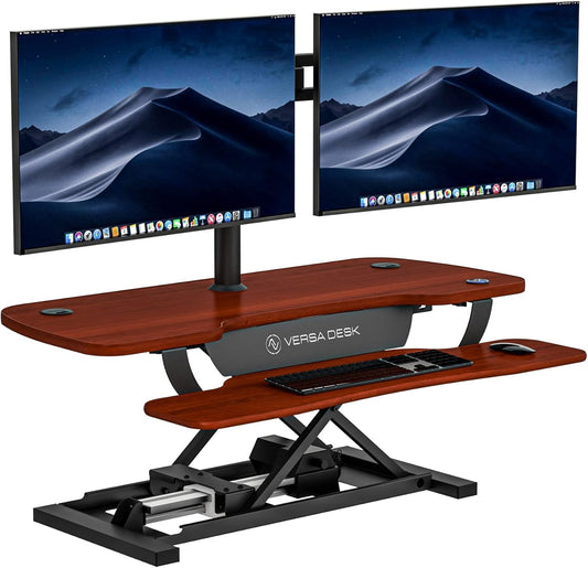 ® Powerpro™ 40” X 24” Standing Desk Converter | 7.75” - 23.5” Electric Height Adjustable Sit to Stand Desk Riser W/ Keyboard Tray & USB Hub - Ergonomic Workstation for Home & Office, Cherry