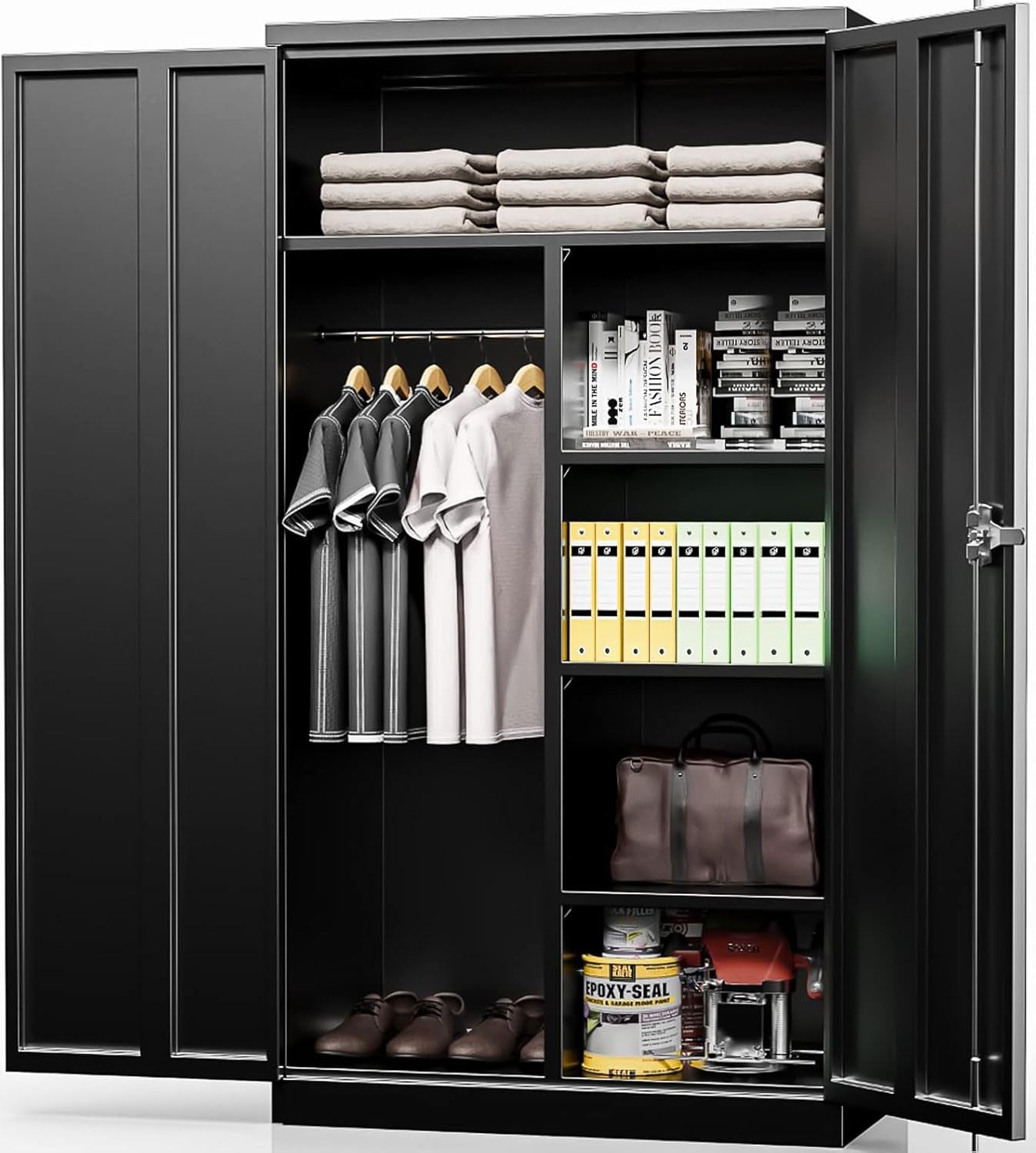 Metal Wardrobe Cabinets with Lock, 72" Clothing Storage Cabinets with Hanging Rod and 4 Adjustable Shelves, Armoire Wardrobe for Office, School, Employee, Government (Black)