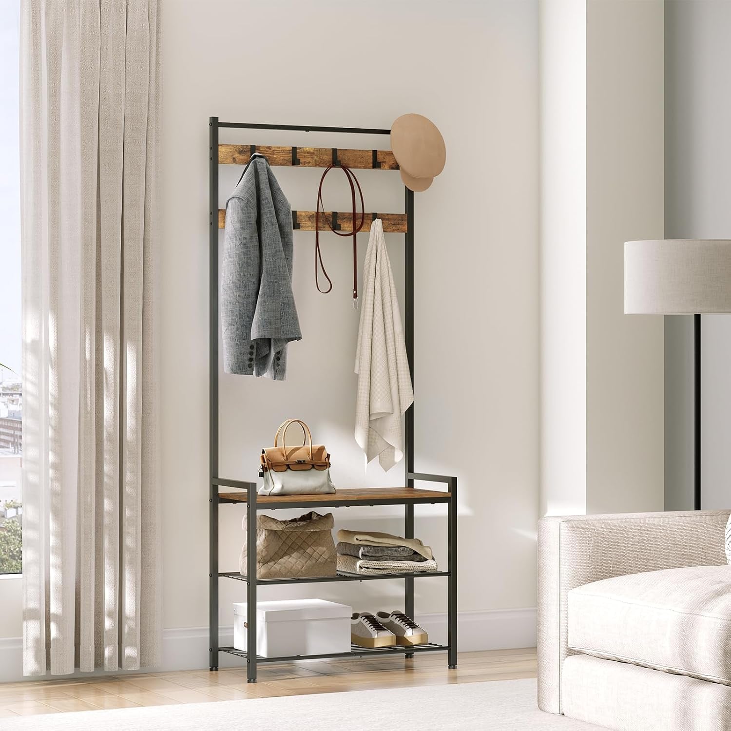 Hall Tree, Coat Rack with Shoe Bench, Entryway Bench with Shoe Storage, Multifunctional Entryway Storage Organizer, Metal Frame and 8 Movable Hooks, for Hallway, Rustic Brown MT01BR