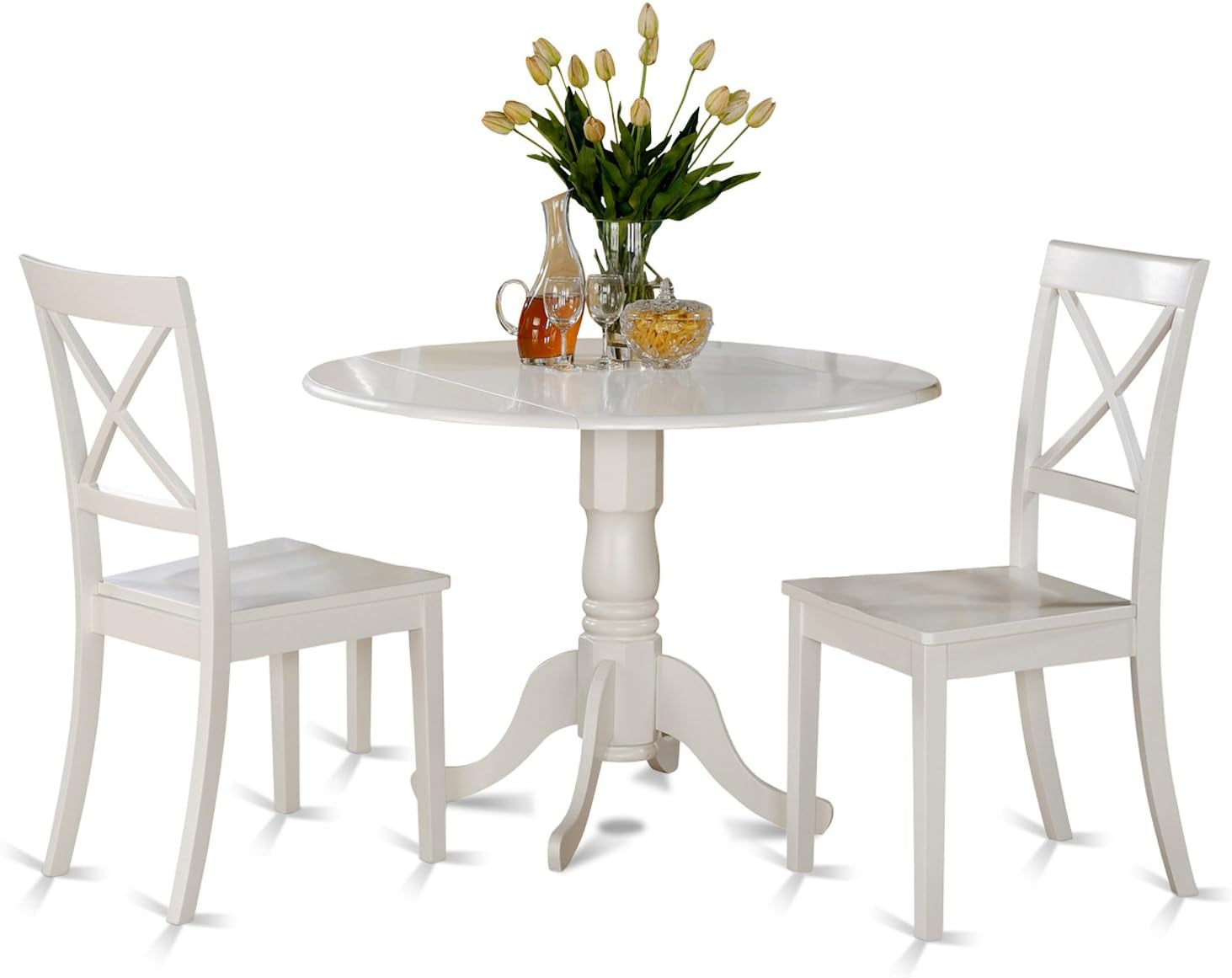 DLBO3-WHI-W 3 Piece Dining Room Table Set Contains a round Kitchen Table with Dropleaf and 2 Dining Chairs, 42X42 Inch, Linen White