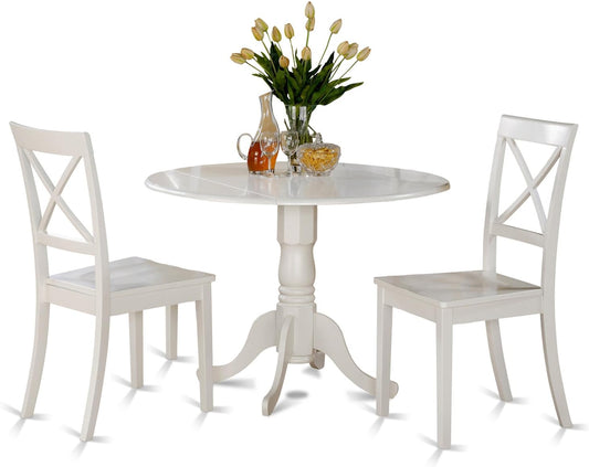 DLBO3-WHI-W 3 Piece Dining Room Table Set Contains a round Kitchen Table with Dropleaf and 2 Dining Chairs, 42X42 Inch, Linen White