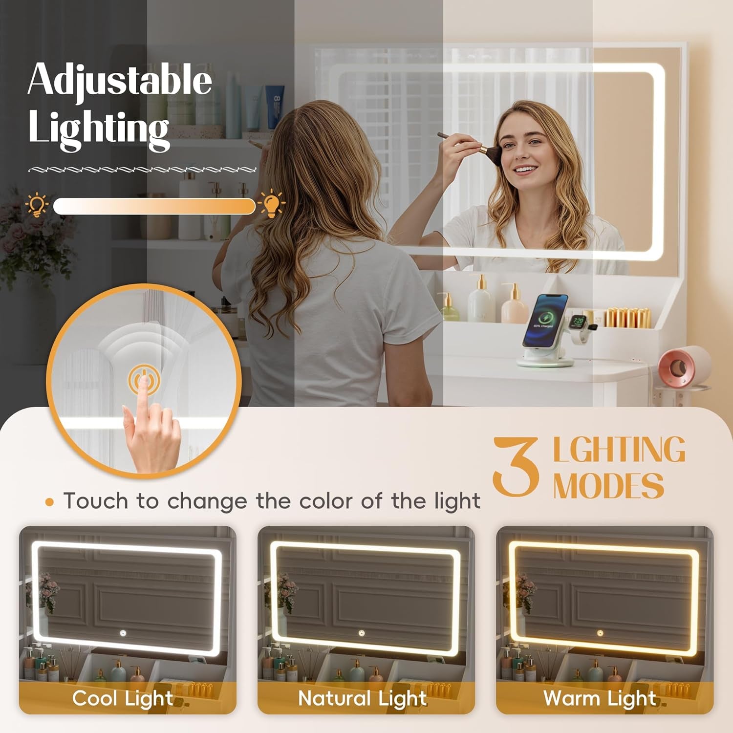 Vanity Desk with Lights and Mirror, L Shaped Makeup Table, Dresser with Hairdryer Holder and Power Outlet, Adjustable 3 Lighting Modes, 5 Drawers and Adjustabled Open Storage Shelves, White