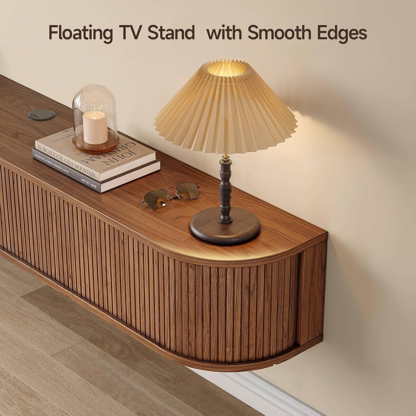 63" Floating TV Stand with Power Outlet for Tvs up to 75", Fluted Entertainment Center with Remote Control for LED Lights, Mid-Century Modern TV Console W/Sliding Door for Living Room, Bedroom Walnut