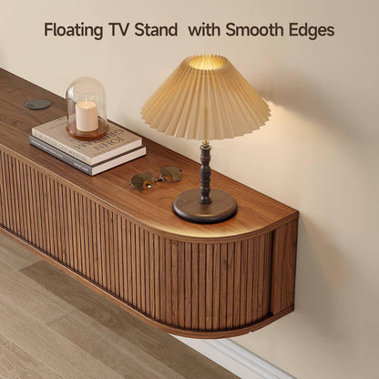 63" Floating TV Stand with Power Outlet for Tvs up to 75", Fluted Entertainment Center with Remote Control for LED Lights, Mid-Century Modern TV Console W/Sliding Door for Living Room, Bedroom Walnut
