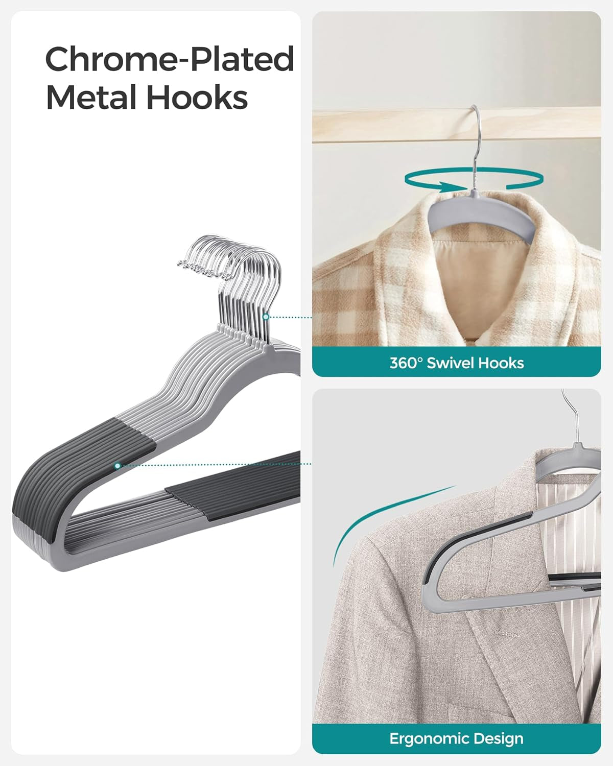 Clothes Hangers, Pack of 50 Plastic Coat Hangers, Space-Saving, Light Gray and Dark Gray UCRF50G