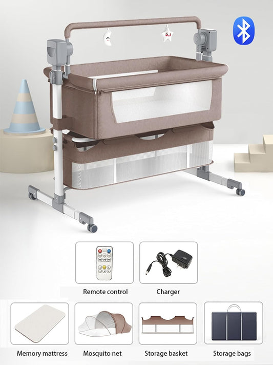 Electric Bluetooth Smart Baby Bedside Crib, Bassinet for Co-Sleeping, Infant Bedside Sleeper Cot, Foldable Baby Bassinet Crib with Remote Control, Music and 5 Swaying Gears (601 Khaki)