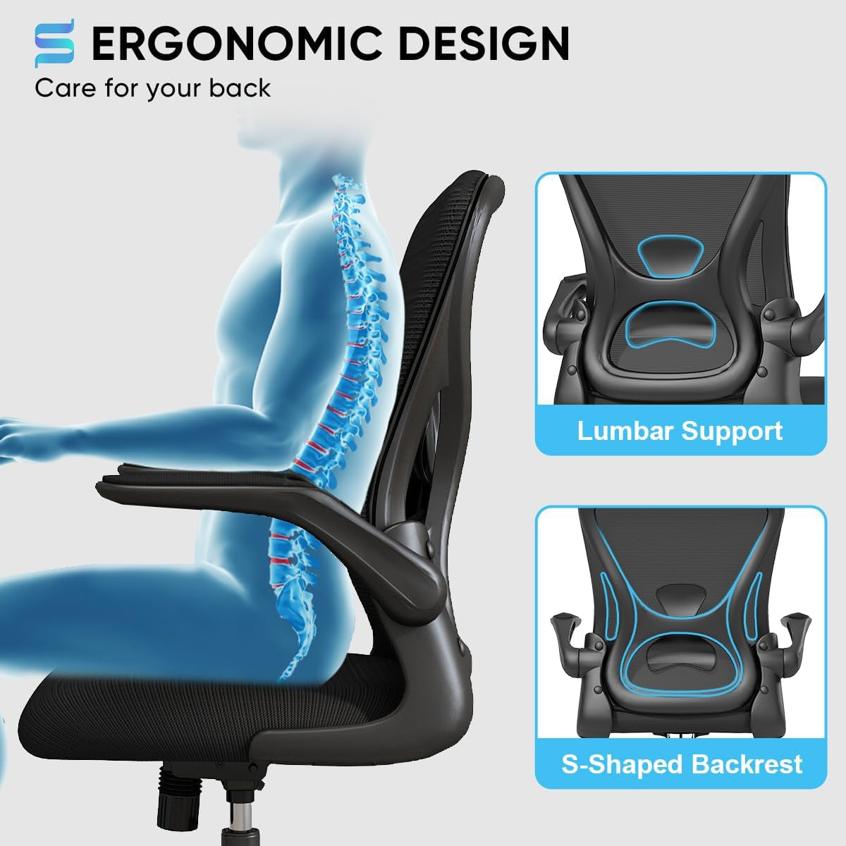 Ergonomic Desk Chair with Padded Flip up Arms and Supportive Lumbar Support, Breathable Mesh Home Office Chair with Comfortable Cushion for Home or Office(Black)
