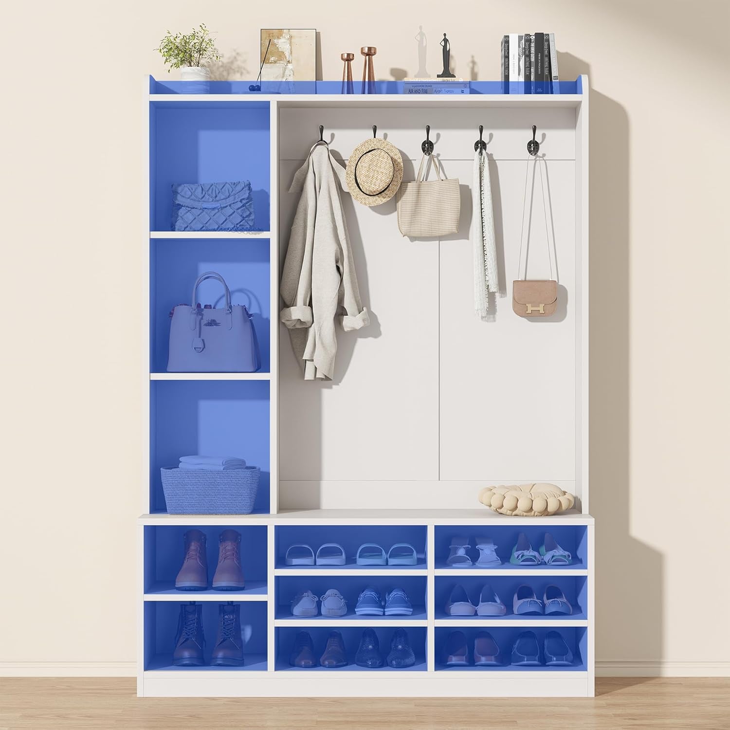 Hall Tree with Bench and Shoe Storage, 5-In-1 Entryway Storage Bench, Shoe Rack with Coat Rack, 8 Shoe Cubbies & 5 Coat Hooks, Adjustable Shelf, White
