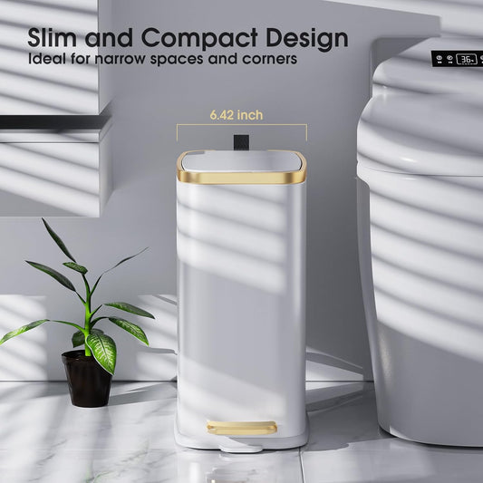 Small Bathroom Trash Can with Lid Soft Close-5L/1.3 Gal Stainless Steel Garbage Can-Step Pedal Wastebasket Slim Trash Bin for Office, Bedroom, Toilet, Live Room-White