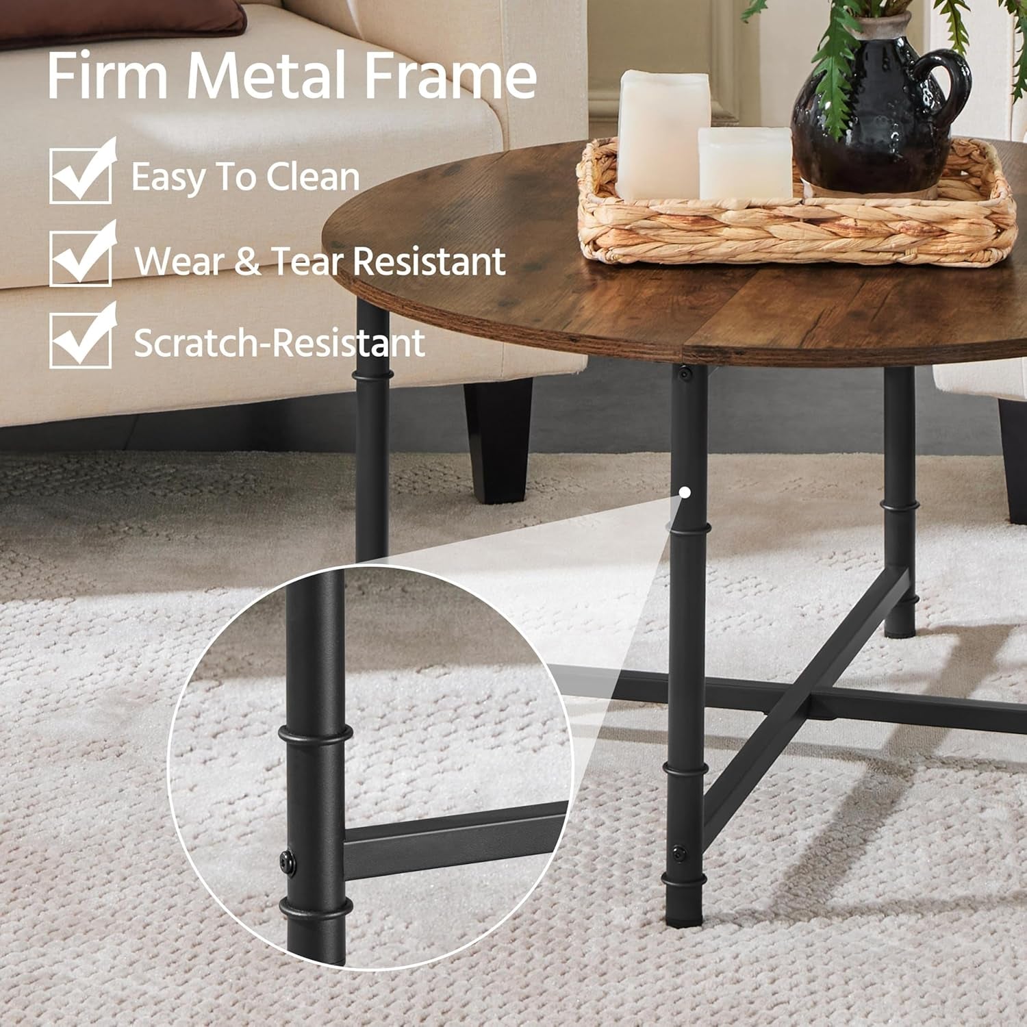 round Coffee Table, Small Coffee Table with Sturdy Metal Legs for Living Room, Rustic Wood Circle Tables Easy to Assemble, 31.5 X 17.7 Inches