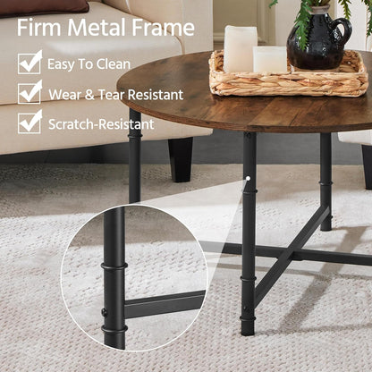 round Coffee Table, Small Coffee Table with Sturdy Metal Legs for Living Room, Rustic Wood Circle Tables Easy to Assemble, 31.5 X 17.7 Inches