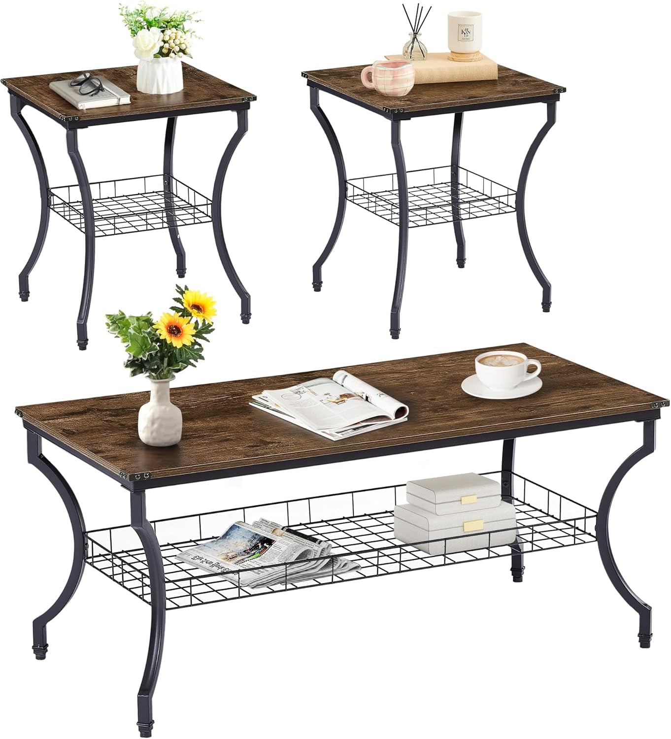 3 Pieces Living Room Table Sets, Coffee and End Tables with Open Storage Shelves for Apartment, Home Office, Small Space, Easy Assembly, Brown