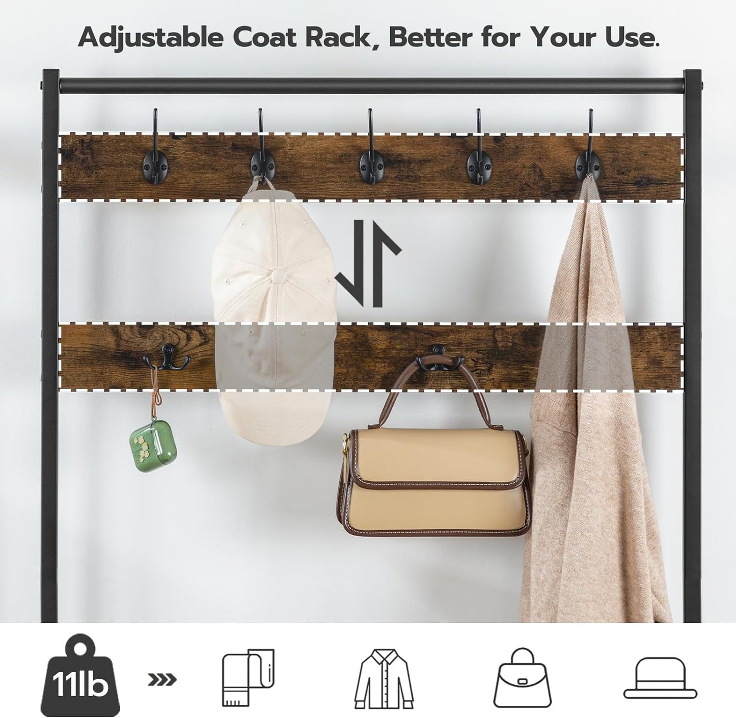Hall Tree, Coat Rack with Shoe Rack, Hall Tree with Bench, 5 Tier Shoe Storage Organizer with 9 Hooks for Entryway, Closet, Sturdy, Industrial, Rustic Brown and Black BF80MT01G2