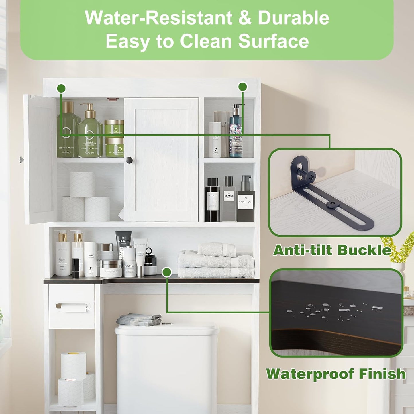 Over the Toilet Storage Cabinet with 7 Shelves, Imitation Walnut Grain above Toilet Bathroom Organizer with Toilet Paper Holder Stand, Space Saver for Restroom, Bathroom, Laundry (White)