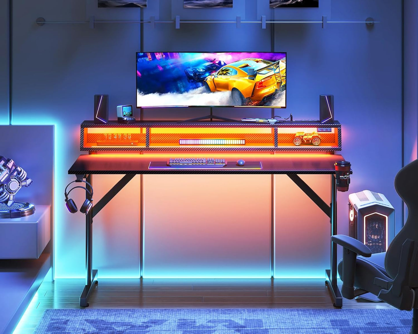 48 Inch Gaming Desk with LED Lights & Power Outlets, Small Computer Gaming Table with Float Monitor Stand, Kids Boys Desk with Carbon Fiber Texture