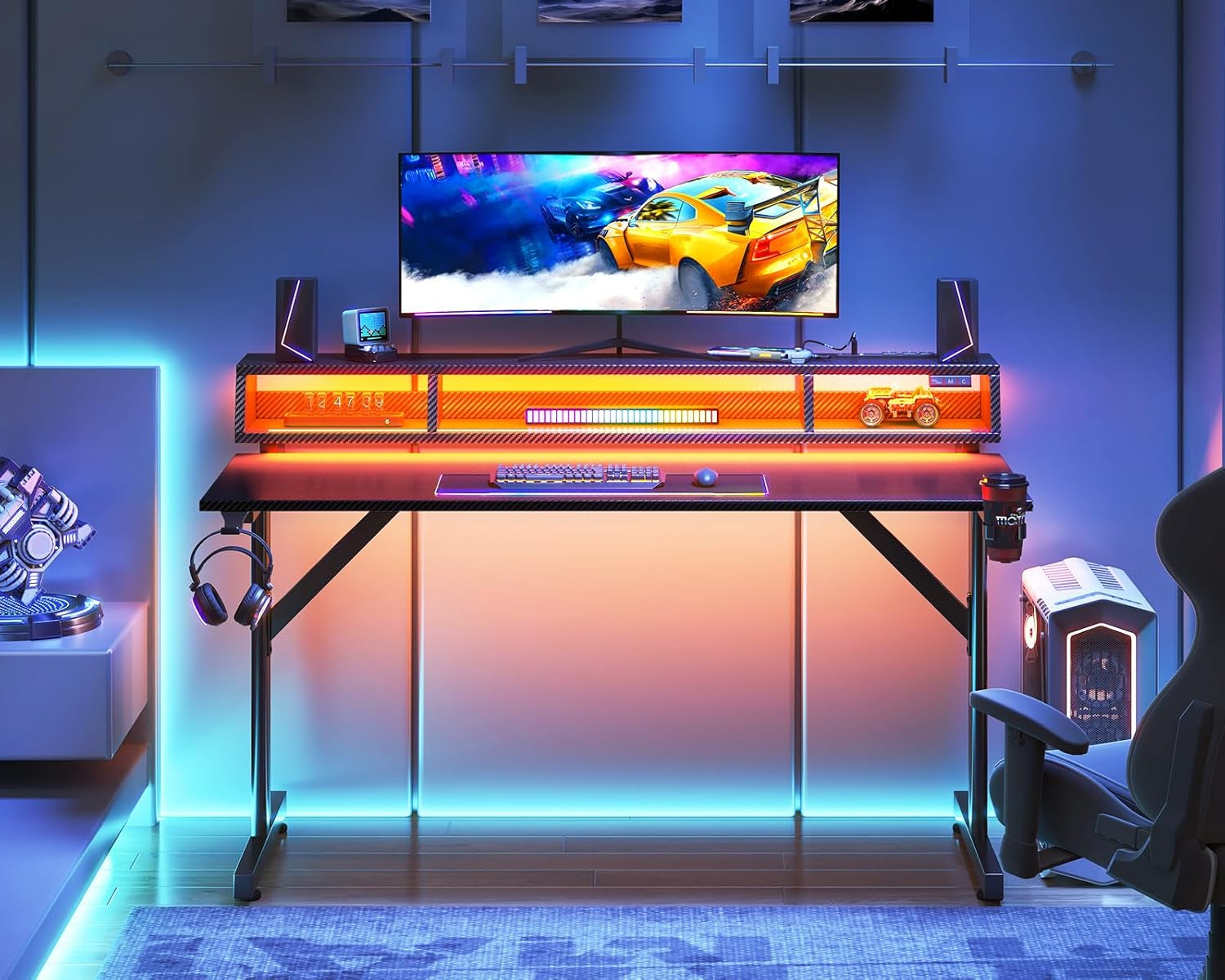 48 Inch Gaming Desk with LED Lights & Power Outlets, Small Computer Gaming Table with Float Monitor Stand, Kids Boys Desk with Carbon Fiber Texture