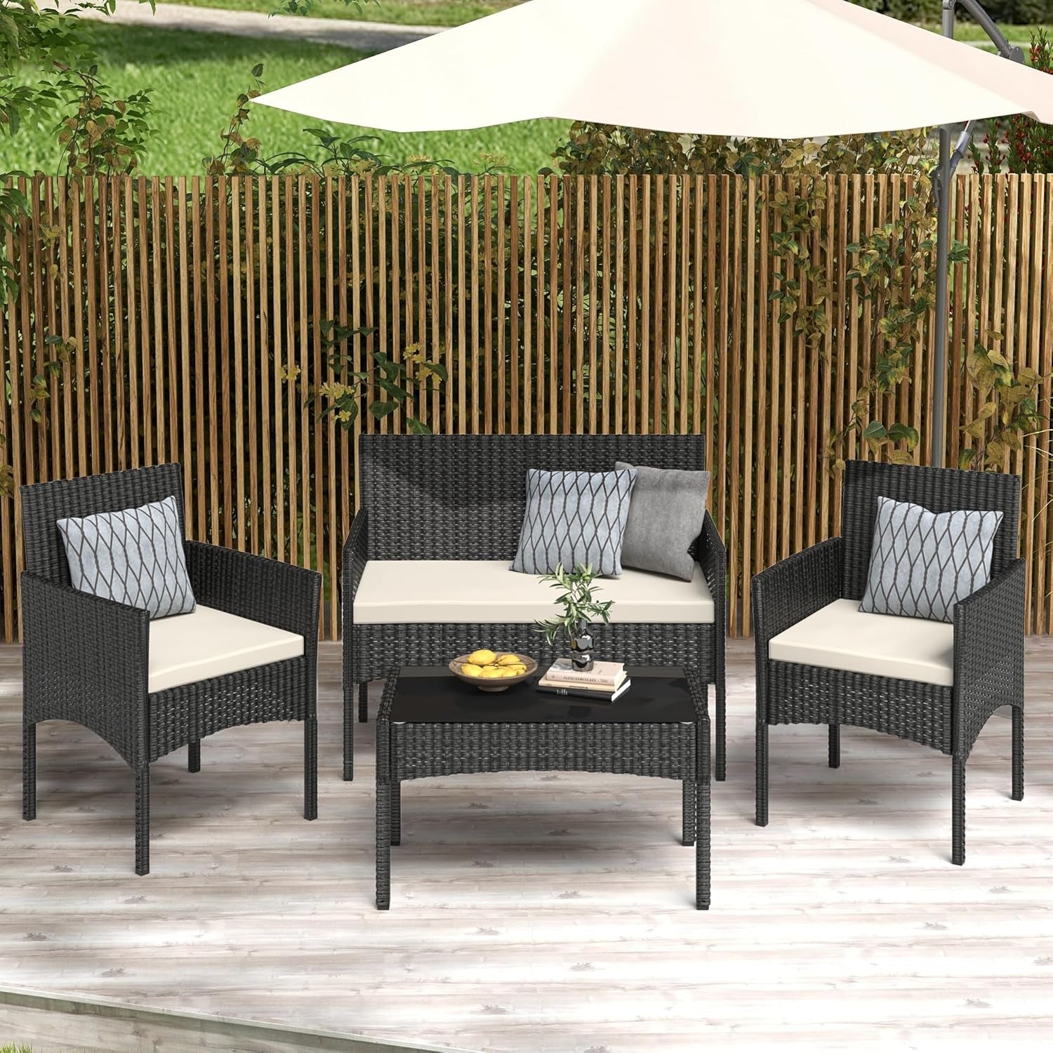 4 Pieces Patio Furniture Set, Outdoor Wicker Rattan Patio Conversation Furniture Set with Waterproof Cushion and Table for Lawn Backyard, Garden, Balcony, Porch and Poolside (Black)