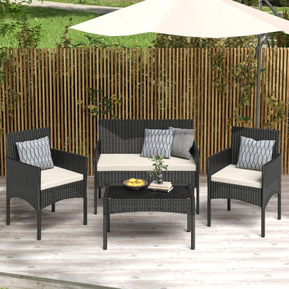4 Pieces Patio Furniture Set, Outdoor Wicker Rattan Patio Conversation Furniture Set with Waterproof Cushion and Table for Lawn Backyard, Garden, Balcony, Porch and Poolside (Black)