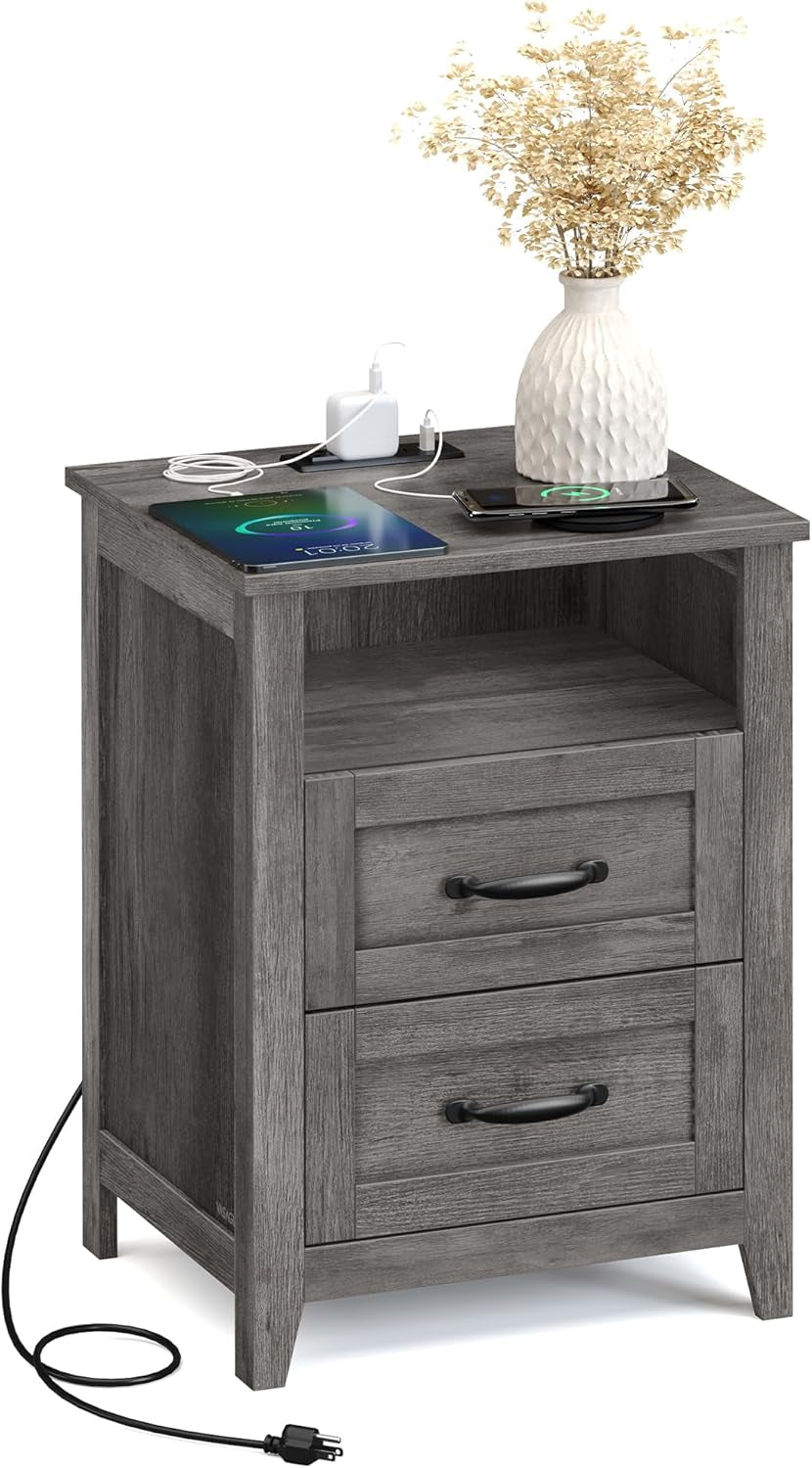 LIRY Collection - Farmhouse Nightstand with Charging Station, Bedside Table, Side Table with 2 Drawers, Open Compartment, for Bedroom, Misty Gray ULET669G01