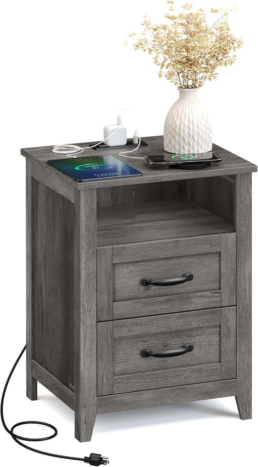 LIRY Collection - Farmhouse Nightstand with Charging Station, Bedside Table, Side Table with 2 Drawers, Open Compartment, for Bedroom, Misty Gray ULET669G01