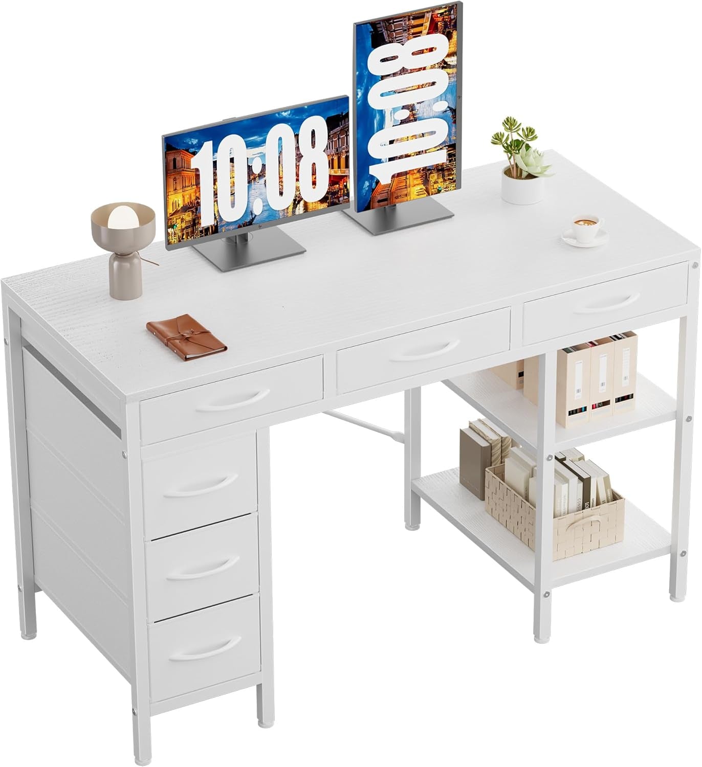 47" Computer Desk with 6 Drawers, Home Office Gaming Desks with Storage Shelves for Bedroom, Writing Study Corner Living Room Work Table White