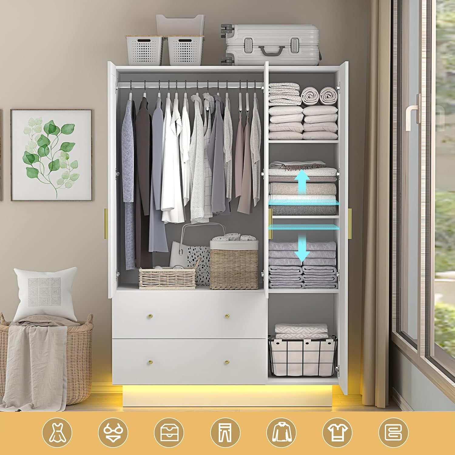 3 Doors Armoire Wardrobe Closet with Mirror, LED Armoire with Doors and Drawers, Wooden Wardrobe Storage Cabinet with Hanging Rod, Adjustable Shelves, White