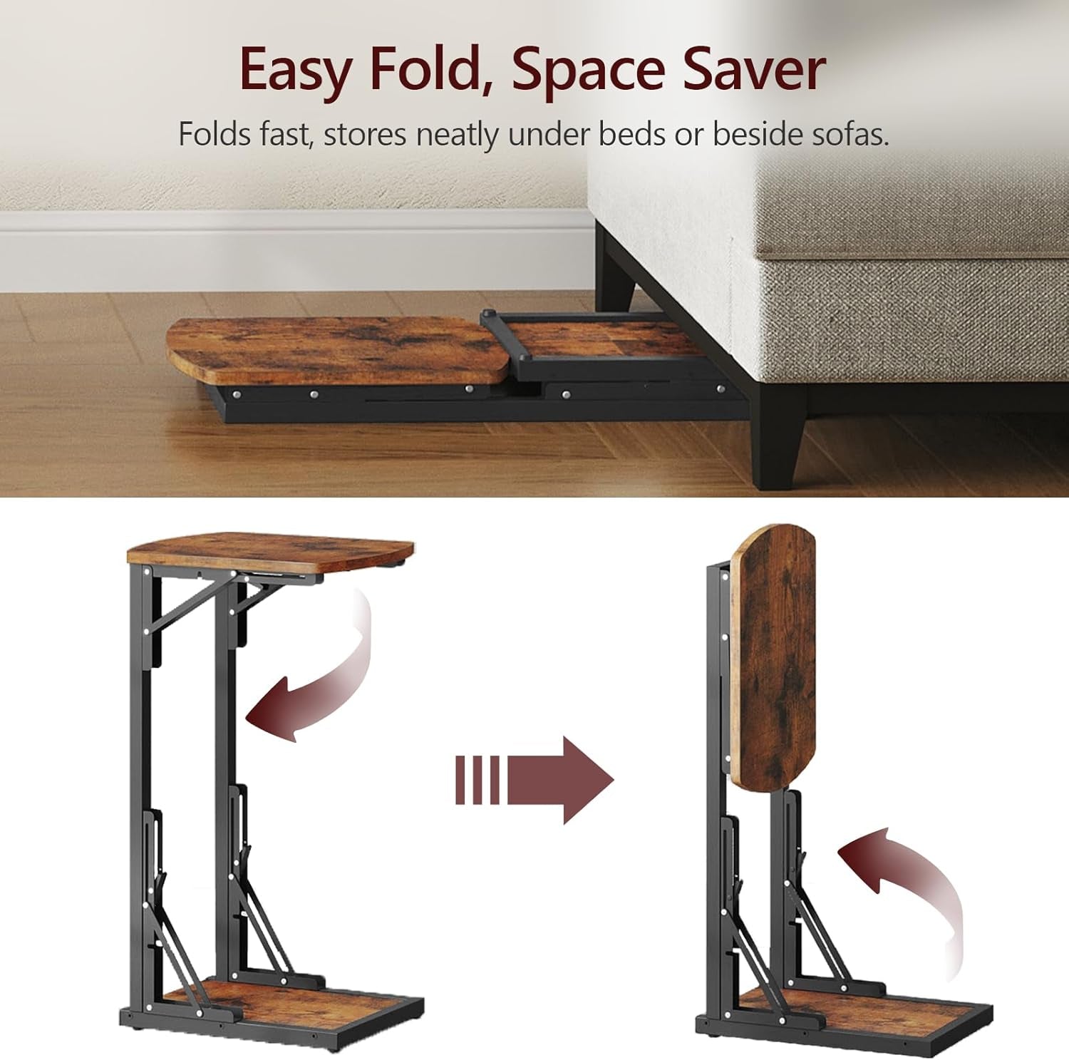 Set of 2 Folding Samll Side Table, C-Shaped End Table for Couch, Slide under Couch Side Table for Sofa Bed, Foldable TV Tray for Small Spaces, Living Room, Bedroom, Rustic Brown ETHR4101S2