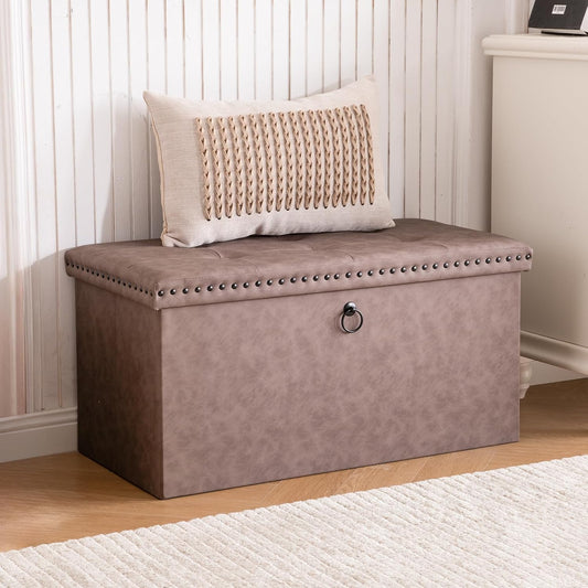 30 Inches Storage Ottoman Bench, Foldable Foot Rest with Rivet Design, 15 X 30 X 15 Inches, End of Bed Bench Footstool, Storage Chest, Load up to 330 Lb, for Living Room, Bedroom, Entryway, Oak Brown