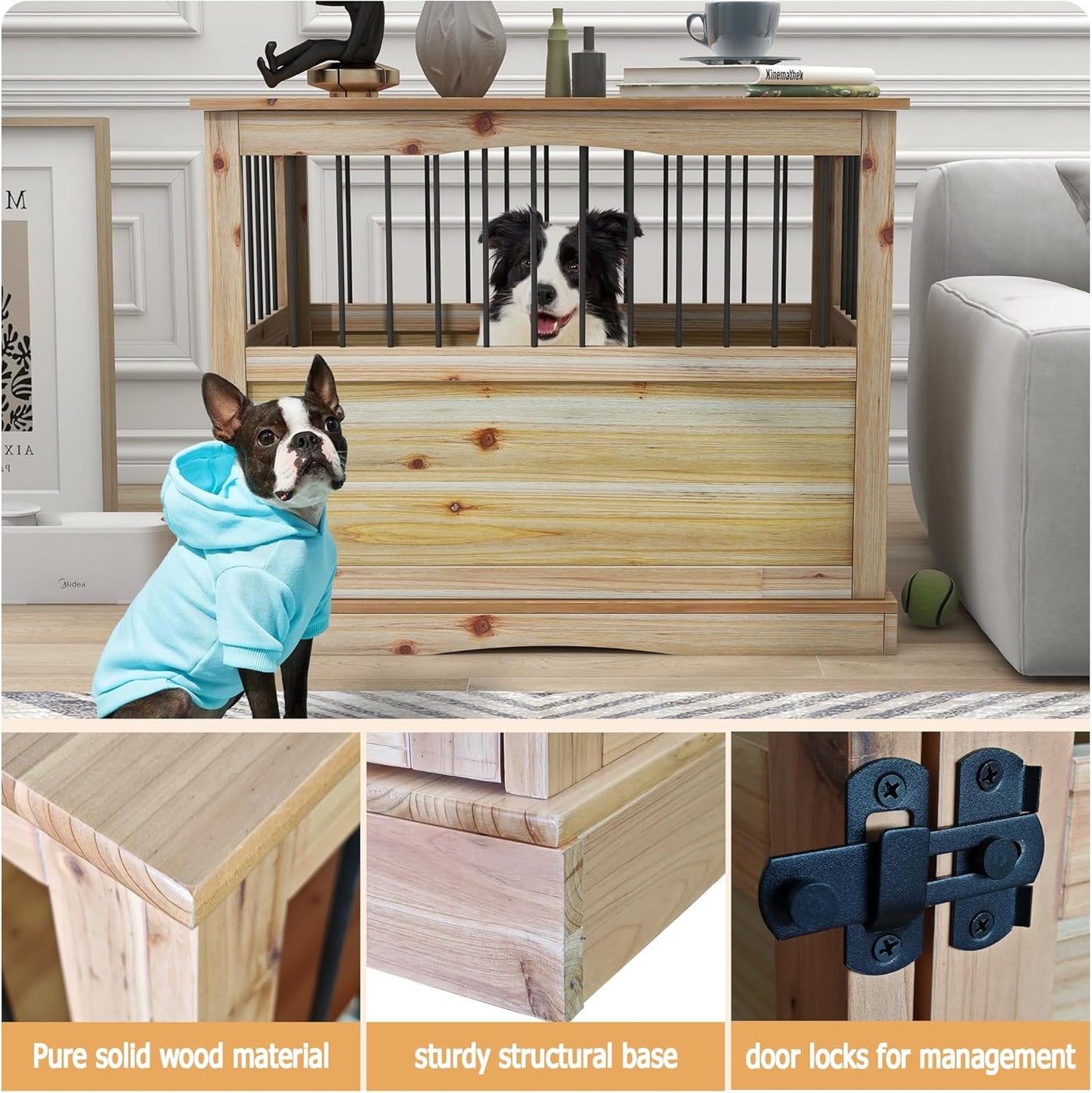 Solid Wood Dog Crates for Medium Dogs, Multifunctional Dog Kennel Furniture, Sufficient Space for Pets Dog Kennel Indoor, Medium Dog Crate Furniture with Reliable Metal Lock