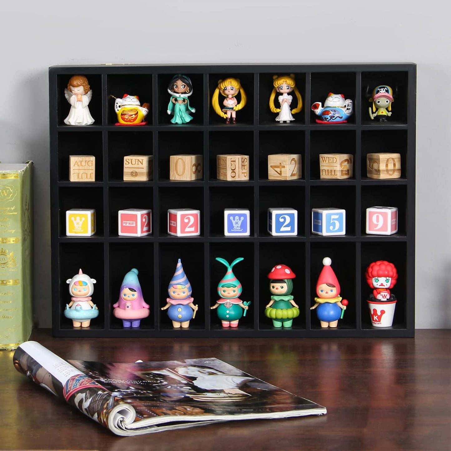 Black Shot Glass Display Case 18" X13" Solid Wood Wall Mounted Collection Cabinet 28 Slots Small Curio Cabinet Rack (No Door)