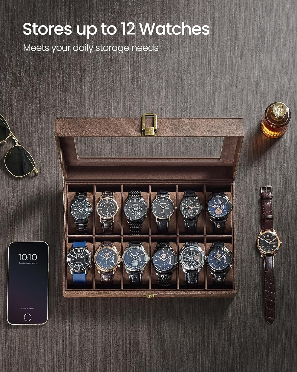 Watch Box, 12-Slot Watch Case Organizer with Large Glass Lid, Removable Pillows, Gift for Loved Ones, Coffee Brown Synthetic Leather, Coffee Brown Lining UJWB120KQ01S