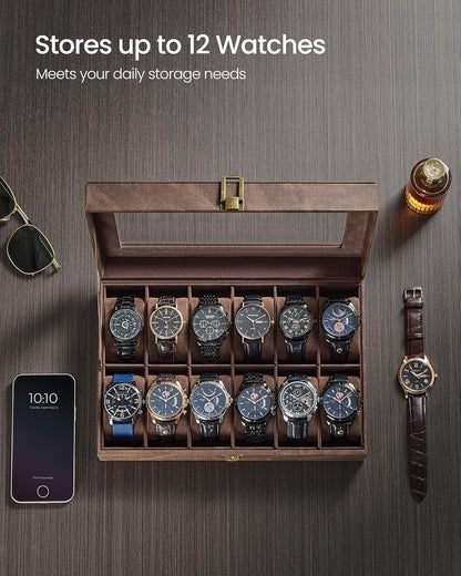 Watch Box, 12-Slot Watch Case Organizer with Large Glass Lid, Removable Pillows, Gift for Loved Ones, Coffee Brown Synthetic Leather, Coffee Brown Lining UJWB120KQ01S