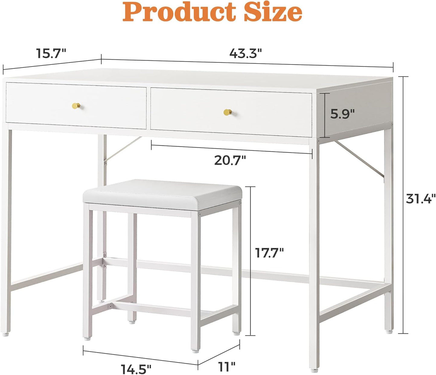 43-Inch White Desk with 2 Drawers and Padded Stool, Modern Makeup Vanity & Computer Desk with Storage for Home Office, Bedroom Study