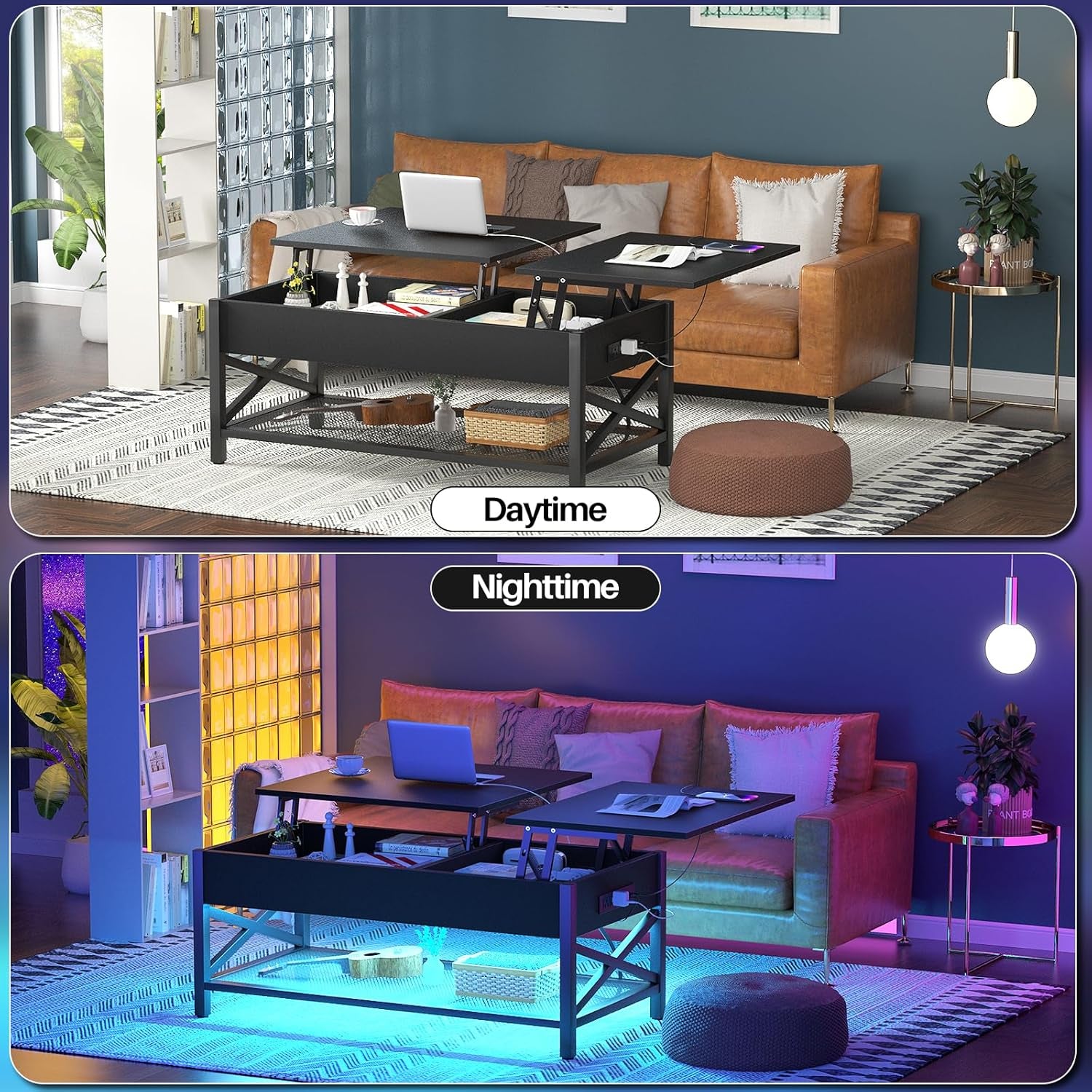 Black Lift-Top Coffee Table with LED Light, Power Outlets and Storage Shelf, 41.7"W X 19.69"L X 19.7"H