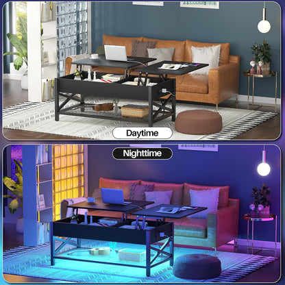 Black Lift-Top Coffee Table with LED Light, Power Outlets and Storage Shelf, 41.7"W X 19.69"L X 19.7"H