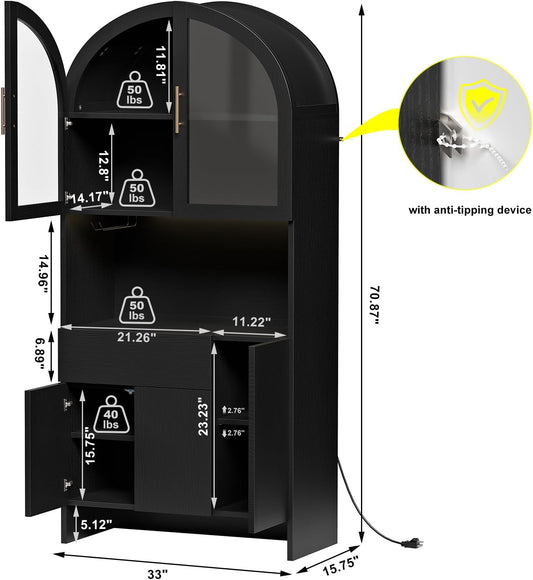 Arched Pantry Cabinet with Power Outlet & LED Light, 71" Extra-Wide Kitchen Storage Hutch with Top Glass & Bottom Solid Doors, Freestanding Organizer for Coffee Bar, Dining Room & Office (Black)