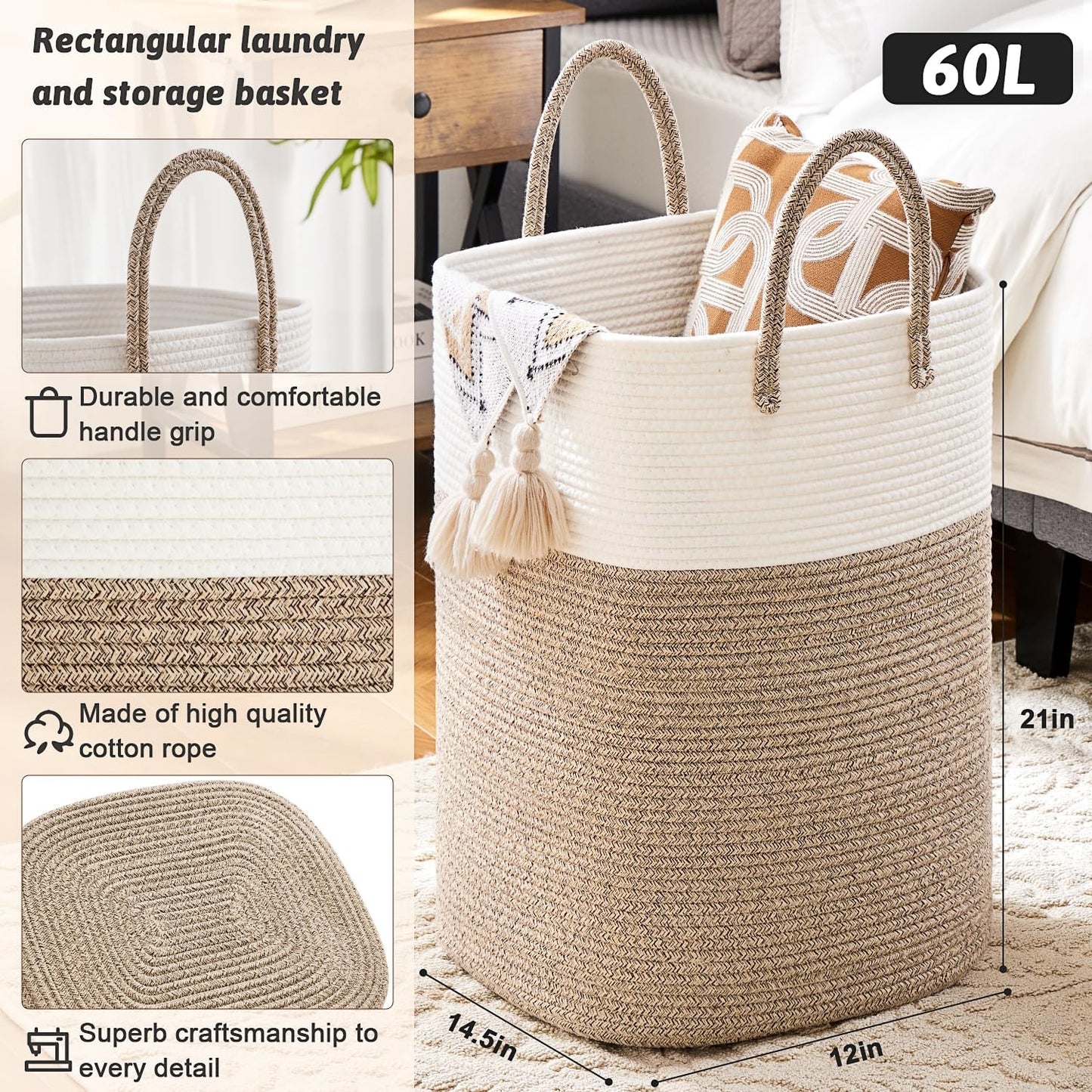 Laundry Basket,Woven Cotton Rope Laundry Hamper,Versatile Storage for Dirty Clothes,Baby Toys,And Blankets in Bathroom, Nursery,And Living Room (Brown, 60L)