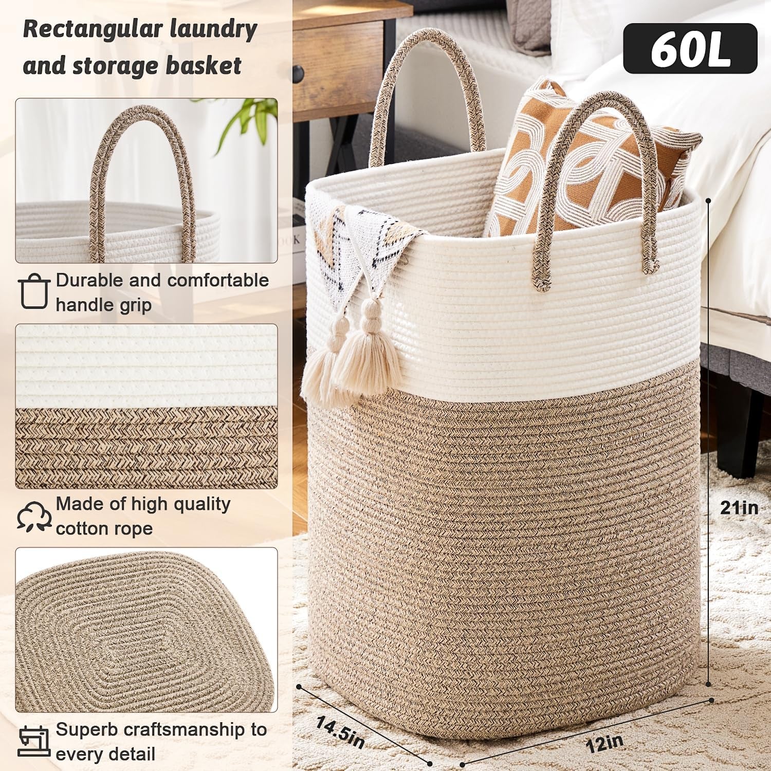 Laundry Basket,Woven Cotton Rope Laundry Hamper,Versatile Storage for Dirty Clothes,Baby Toys,And Blankets in Bathroom, Nursery,And Living Room (Brown, 60L)