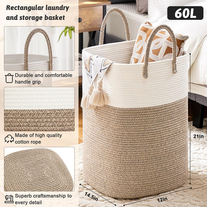 Laundry Basket,Woven Cotton Rope Laundry Hamper,Versatile Storage for Dirty Clothes,Baby Toys,And Blankets in Bathroom, Nursery,And Living Room (Brown, 60L)