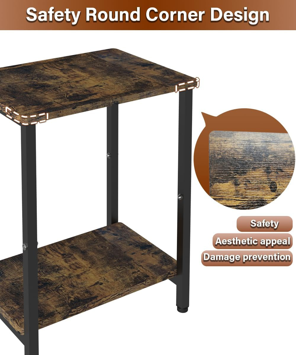 2 Tier Side Table, Heavy Duty End Table with Shelves, Narrow Nightstand Table for Small Spaces, Record Player Table for Bedroom, Living Room, Sofa Couch - Rustic Brown & Black