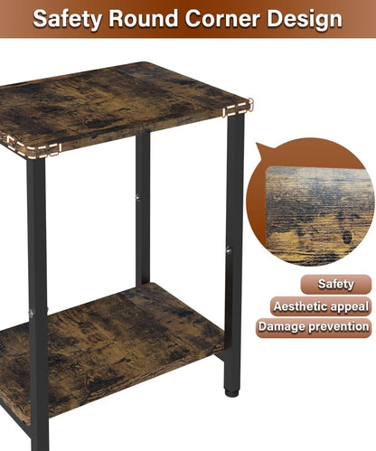 2 Tier Side Table, Heavy Duty End Table with Shelves, Narrow Nightstand Table for Small Spaces, Record Player Table for Bedroom, Living Room, Sofa Couch - Rustic Brown & Black